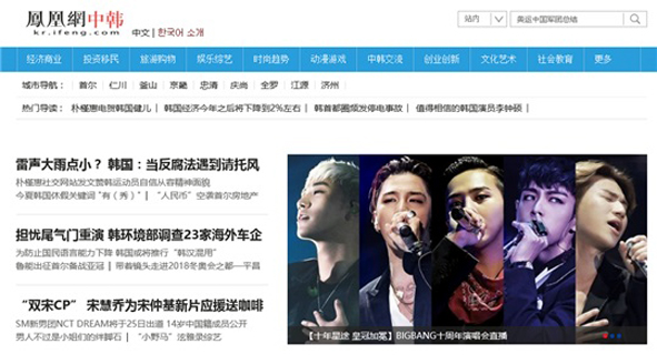 중국 봉황망에 따르면 지난 20일 봉황망 중한교류채널의 빅뱅 10주년 콘서트 보도 특집 페이지 실시간 동시 접속자 수가 120만명을 돌파하는 기염을 토했다.