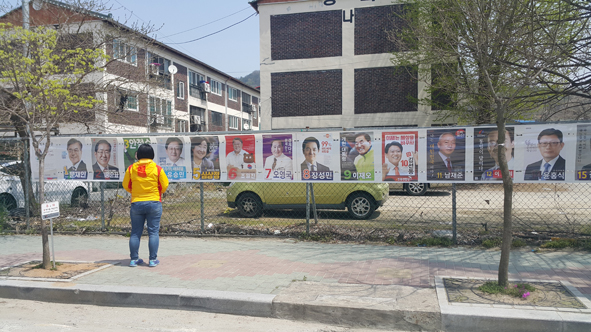 음성읍 시내에 걸린 제19대 대선 후보 포스터를 주민이 살펴보고 있다.