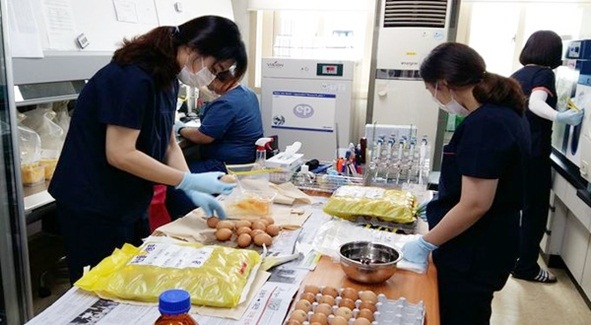 충북도 축산위생연구소의 살충제 계란 검사 모습.