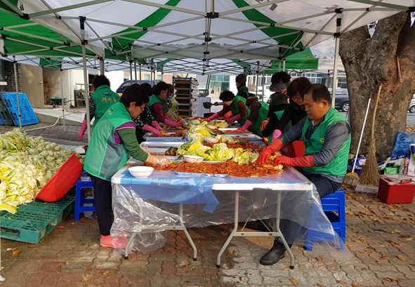 원남 새마을회원들이 김장을 담그고 있다.