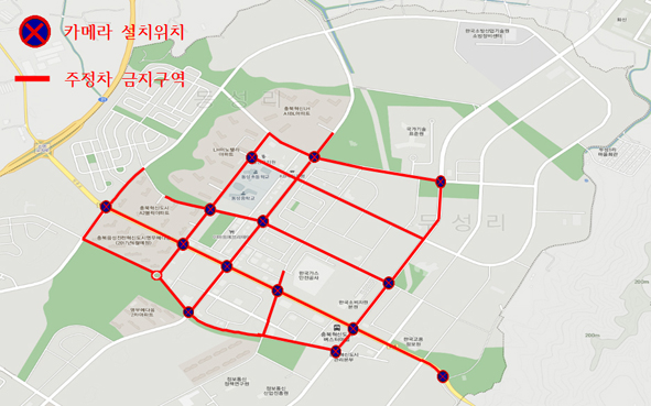 충북혁신도시 음성군 지역 불법 주.정차 단속 구간 표시도.