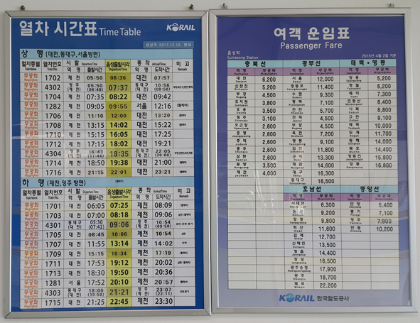 음성역 여객열차 운행 시간표.