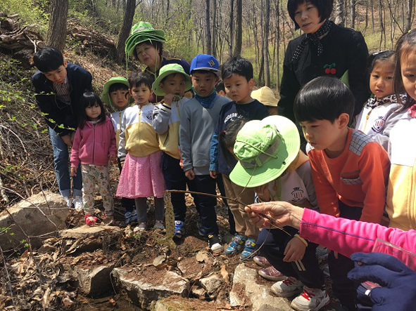 남신초병설유치원 어린이들이 숲에서 체혐활동에 참석하고 있다.
