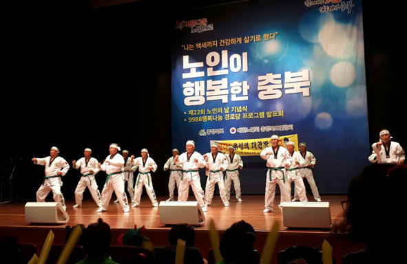 삼성면노인회 회원들이 9988 행복나눔 경로당 프로그램 경연대회에서 태권도 시범 경연을 하고 있다.