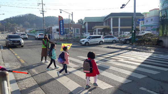 음성군이 어린이보호구역 횡단보도에 설치한 안심비상벨을 이용해 길을 건너고 있는 어린이들 모습.