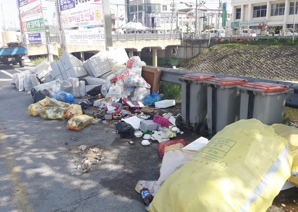 음성읍 (구)복지회관 음성천변 길가에 버려진 쓰레기로 인해 인근 주민들이 고통을 호소하고 있다.