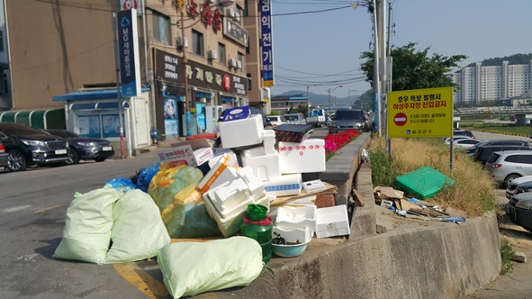 금왕읍 응천 하상도로 삼왕새마을금고 앞 꽃밭에 불법 쓰레기들이 가득 쌓여 있다.