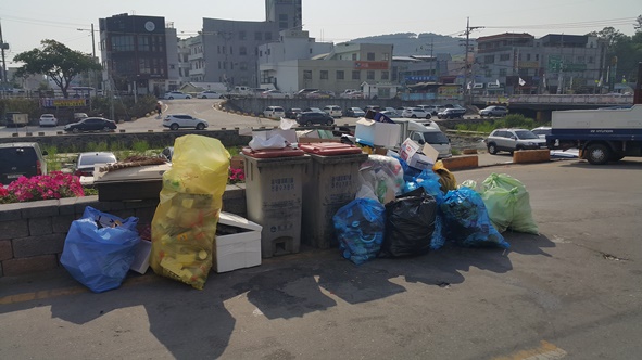 금왕읍 응천 하상도로 삼왕새마을금고 앞 꽃밭에 쌓여 있는 불법쓰레기 모습.