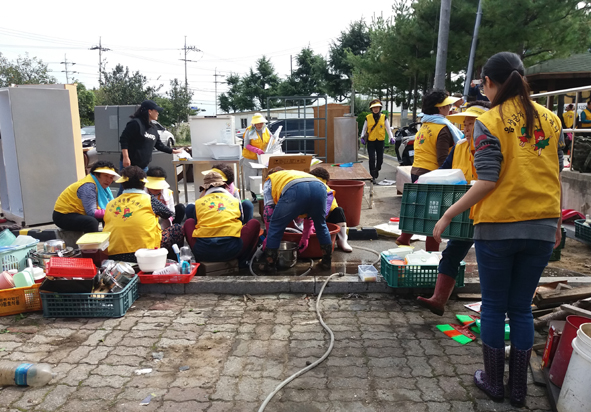 음성군자원봉사센터 봉사자들이 동해시에서 태풍 피해 복구 봉사활동을 전개하고 있다.