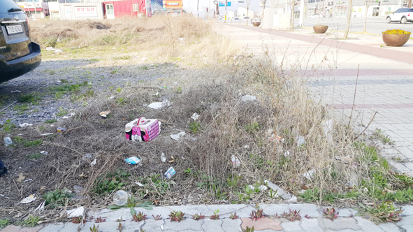 충북혁신도시 충북도로공사 앞 주차장에 버려진 쓰레기들 모습.