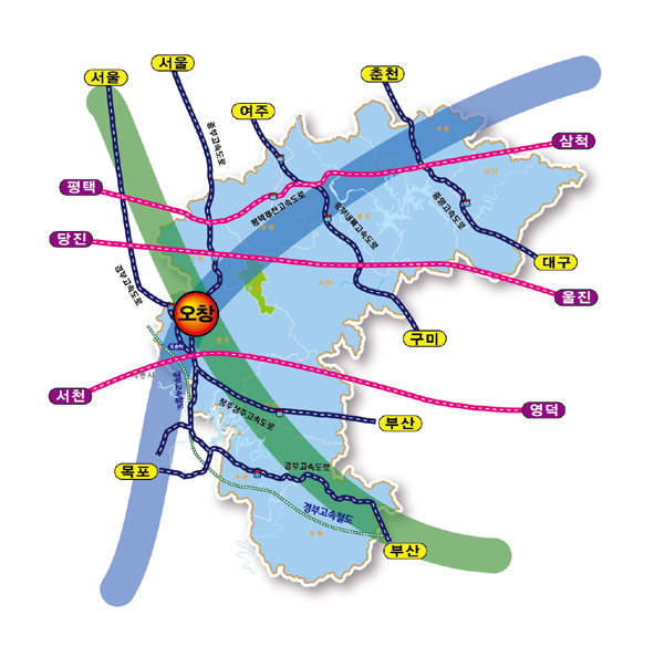 충북도 철도교통망 지도 모습.