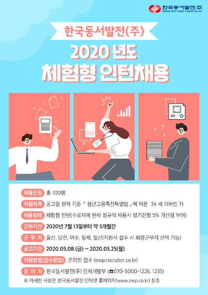 한국동서발전(주) 2020년도 체험형 인턴채용 홍보 포스터 모습.