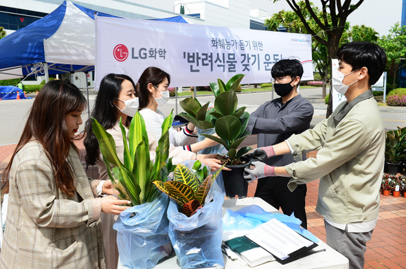 충북도내 기업 관계자들이 반려식물을 구입하고 있다.