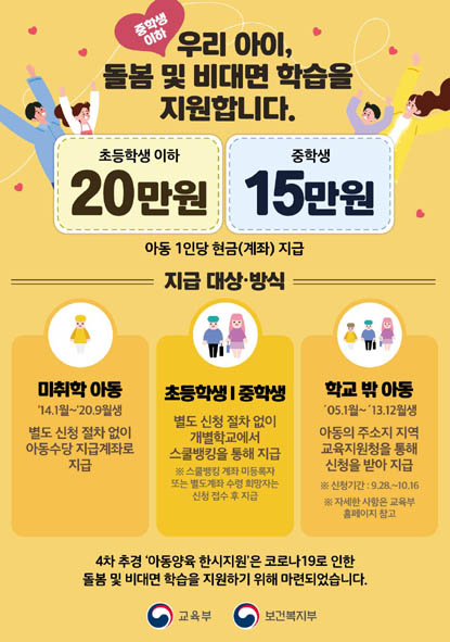 충북교육청이 시행하는 아동특별돌봄.비대면 학습지원금 안내 포스터 모습.