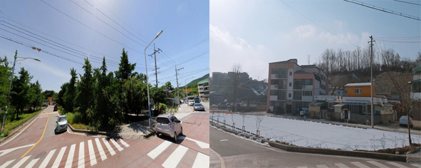음성읍 역말 주차장 건설 전(사진 왼쪽)과 후(사진 오른쪽) 모습.