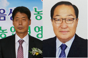 사진 왼쪽부터 맹동초총동문회 12대 박종옥 회장, 13대 민만식 회장.