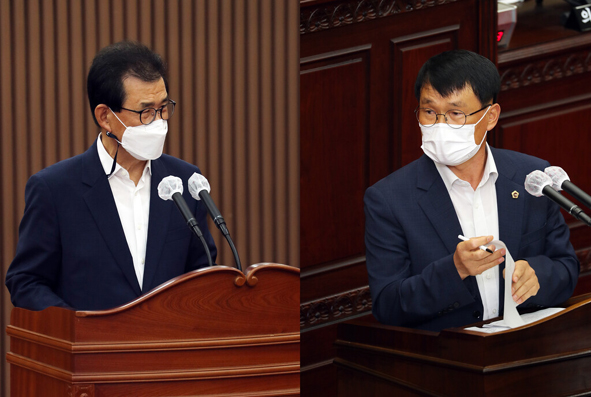이상정 충북도의원(사진 오른쪽)이 이시종 도지사를 향해 탄소중립 정책에 대해 질의하고 있다.