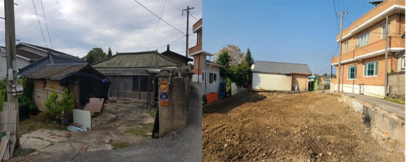 금왕읍 정생리 빈집 철거 전(사진 왼쪽)과 후(사진 오른쪽) 모습.